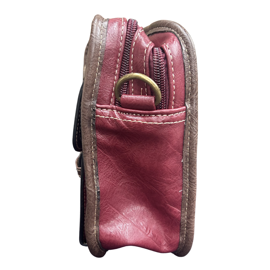 Cotton Road Sling Bag: RED PU Leather Bag with BROWN Trim and Buckle detailing SIDE VIEW