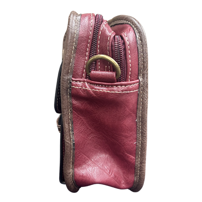 Cotton Road Sling Bag: RED PU Leather Bag with BROWN Trim and Buckle detailing SIDE VIEW