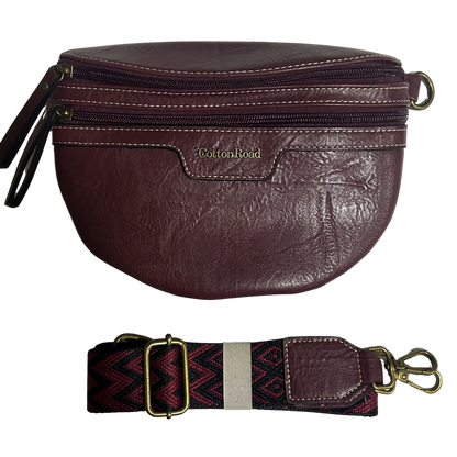 Cotton Road Sling Bag: RED PU Leather Crossbody Bag with Woven Strap SET