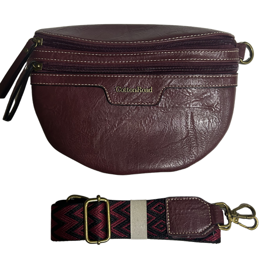 Cotton Road Sling Bag: RED PU Leather Crossbody Bag with Woven Strap SET