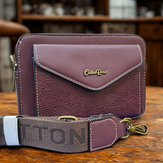 Cotton Road Sling Bag: RED VINE Embossed PU Leather Crossbody bag HERO