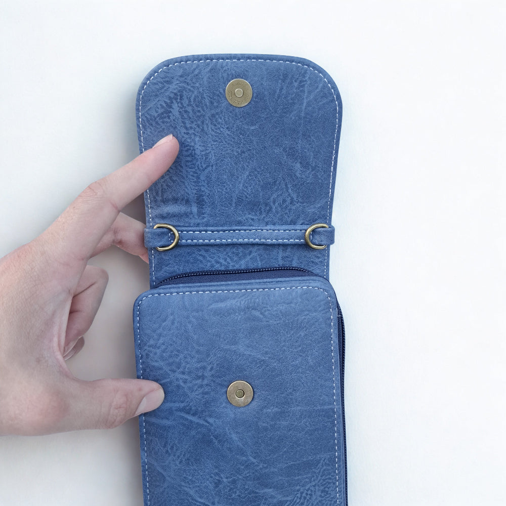Cotton Road Sling Wallet: BLUE PU Leather Vertical Cellphone Sling FLAP OPEN