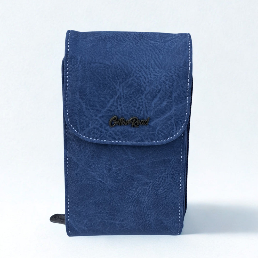 Cotton Road Sling Wallet: BLUE PU Leather Vertical Cellphone Sling FRONT
