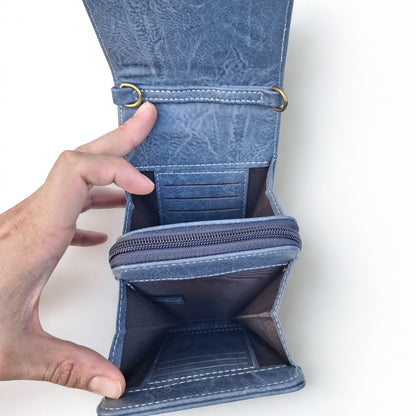 Cotton Road Sling Wallet: BLUE PU Leather Vertical Cellphone Sling OPEN