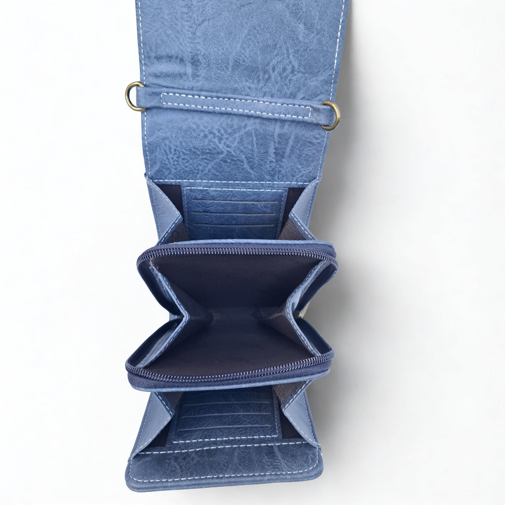 Cotton Road Sling Wallet: BLUE PU Leather Vertical Cellphone Sling TOP VIEW