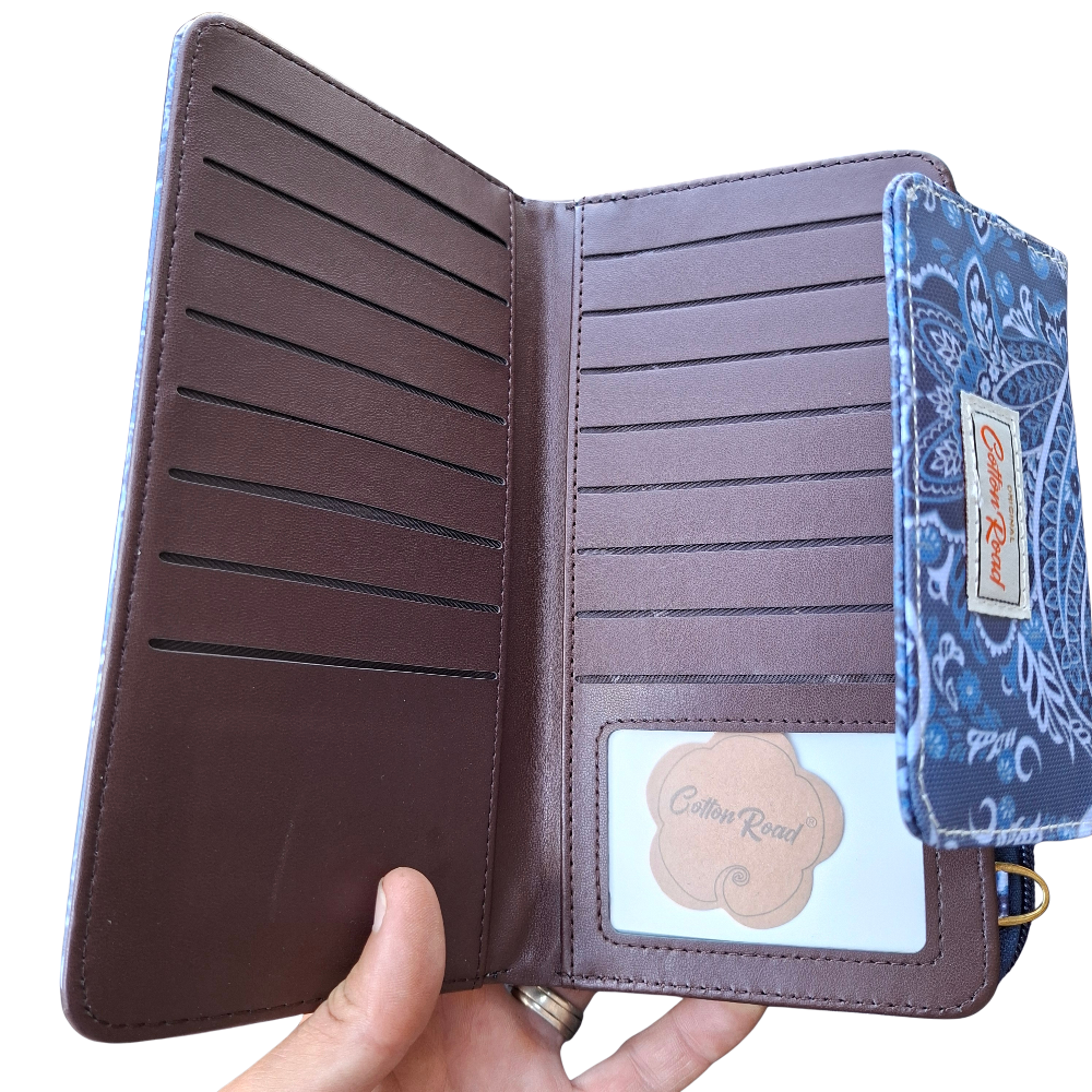 Cotton Road Sling Wallet: BLUE PVC Horizontal Cellphone Sling with Paisley Print and Tab Closure CARD VIEW