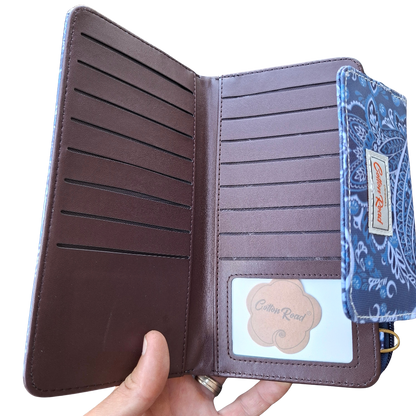 Cotton Road Sling Wallet: BLUE PVC Horizontal Cellphone Sling with Paisley Print and Tab Closure CARD VIEW