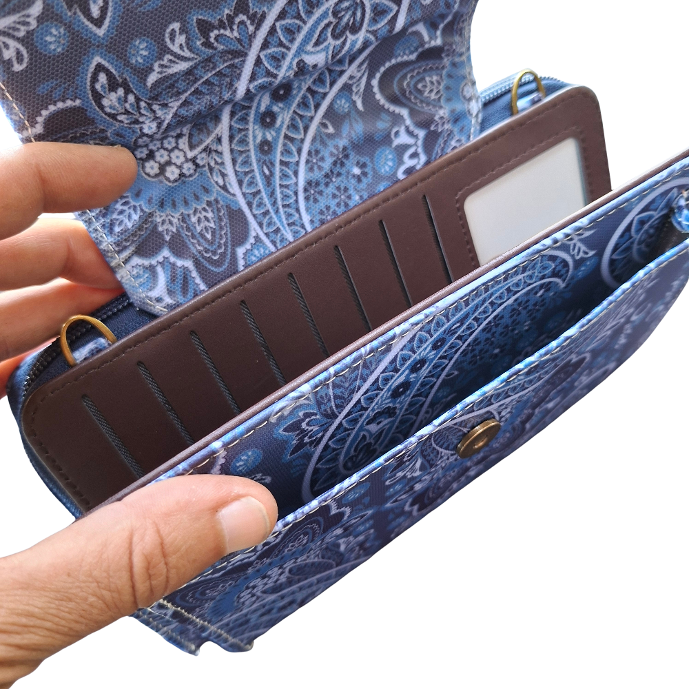 Cotton Road Sling Wallet: BLUE PVC Horizontal Cellphone Sling with Paisley Print and Tab Closure OPEN