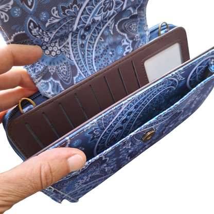 Cotton Road Sling Wallet: BLUE PVC Horizontal Cellphone Sling with Paisley Print and Tab Closure OPEN