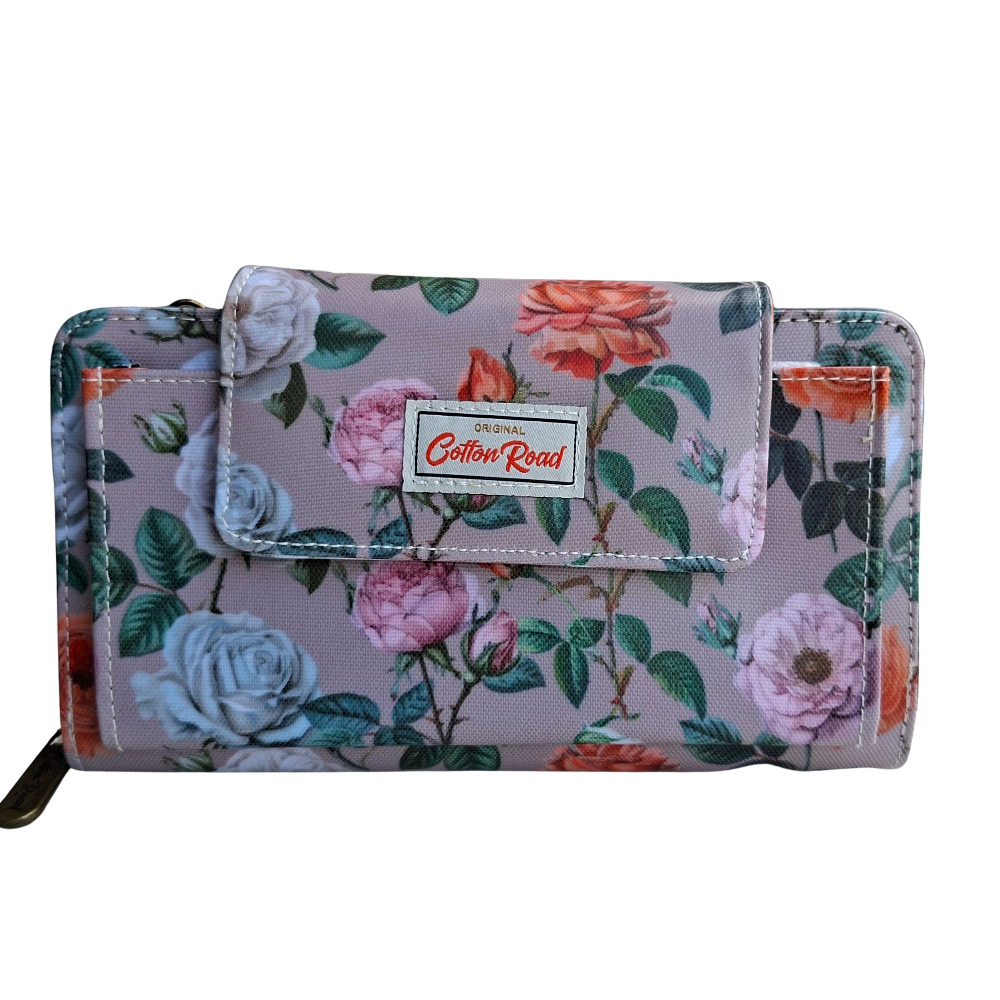 Cotton Road Sling Wallet: MAUVE PVC Horizontal Cellphone Sling with Froral Print and Tab Closure FRONT