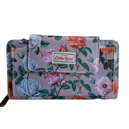 Cotton Road Sling Wallet: MAUVE PVC Horizontal Cellphone Sling with Froral Print and Tab Closure FRONT