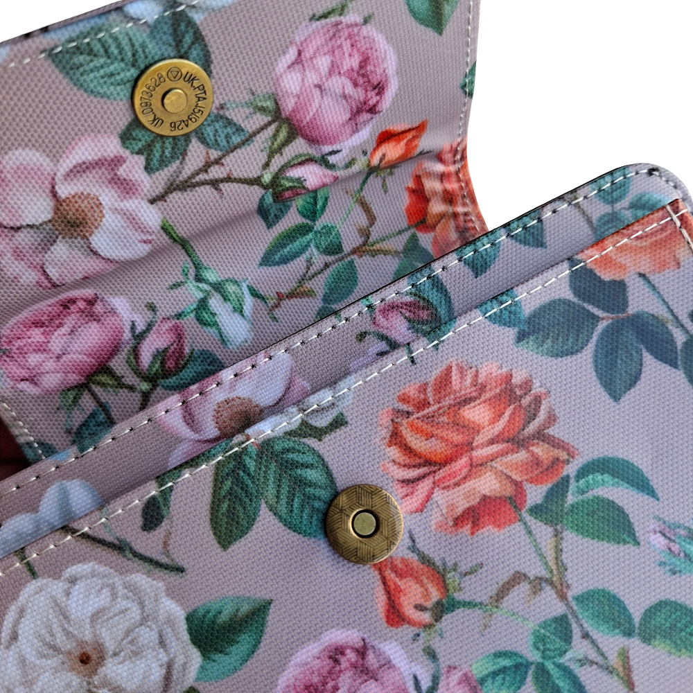 Cotton Road Sling Wallet: MAUVE PVC Horizontal Cellphone Sling with Froral Print and Tab Closure OPEN