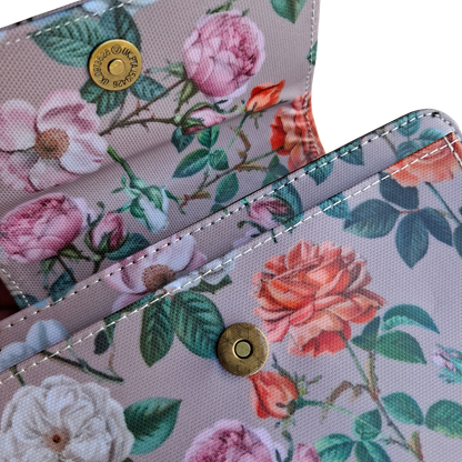 Cotton Road Sling Wallet: MAUVE PVC Horizontal Cellphone Sling with Froral Print and Tab Closure OPEN