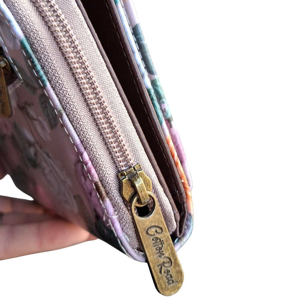 Cotton Road Sling Wallet: MAUVE PVC Horizontal Cellphone Sling with Froral Print and Tab Closure TOP ZIP