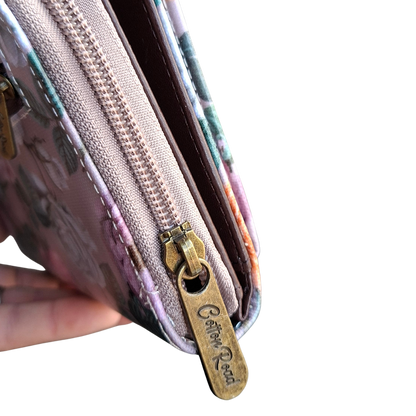 Cotton Road Sling Wallet: MAUVE PVC Horizontal Cellphone Sling with Froral Print and Tab Closure TOP ZIP