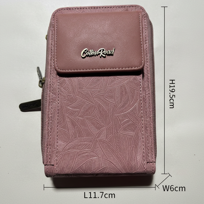 Cotton Road Sling Wallet: PINK PU Leather Cellphone Sling Wallet with EMBOSSED leaf pattern SIZED