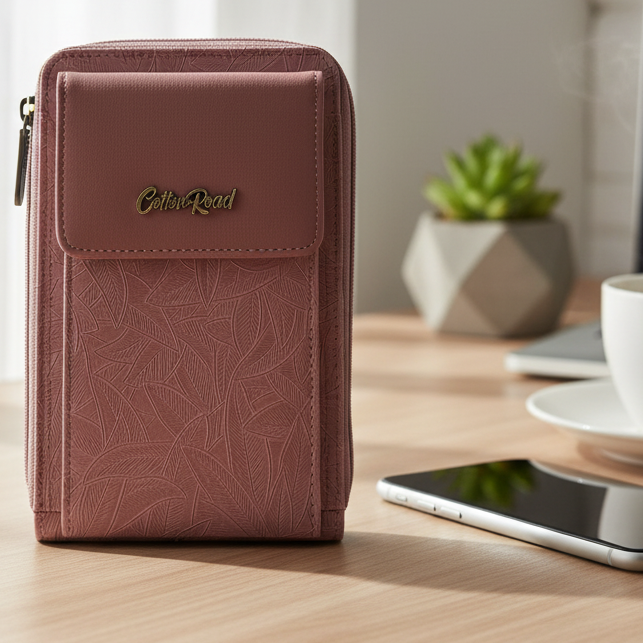 Cotton Road Sling Wallet: PINK PU Leather Vertical Cellphone Sling with Embossed Leaf Pattern
