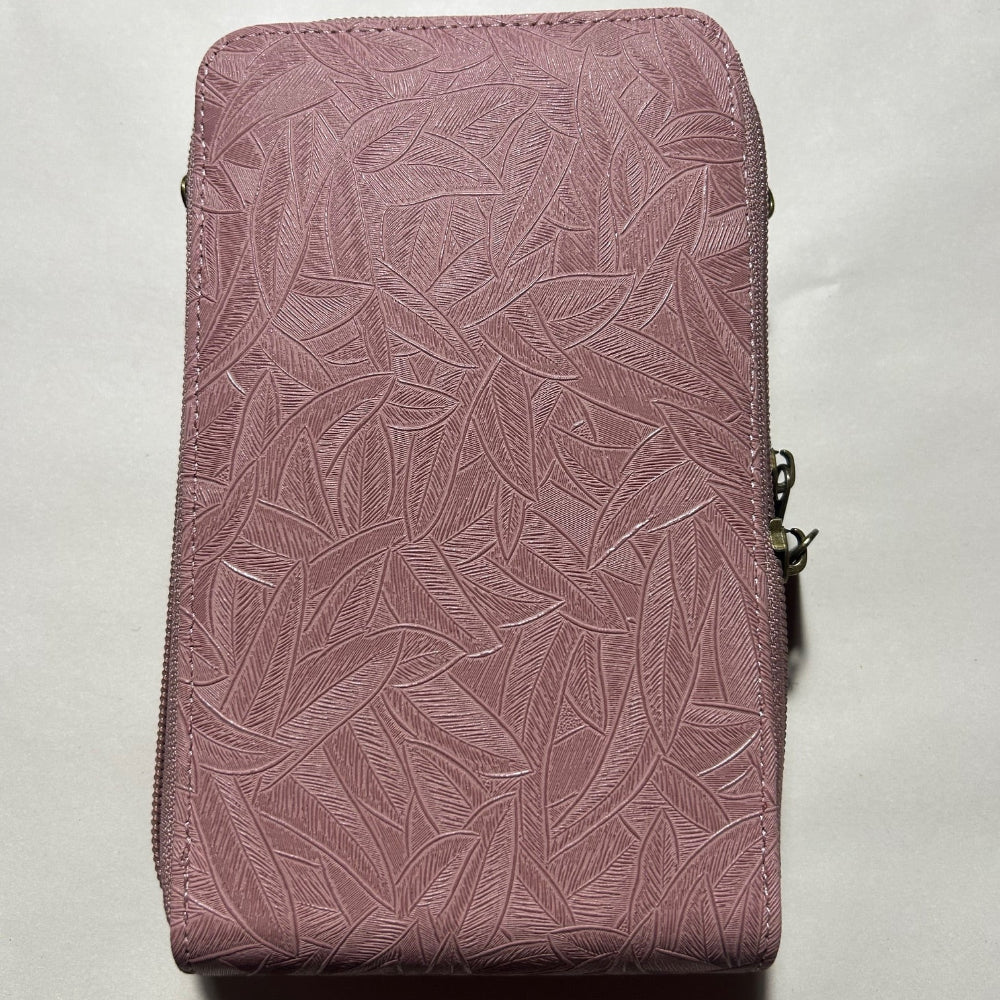 Cotton Road Sling Wallet: PINK PU Leather Cellphone Sling Wallet with EMBOSSED leaf pattern BACK