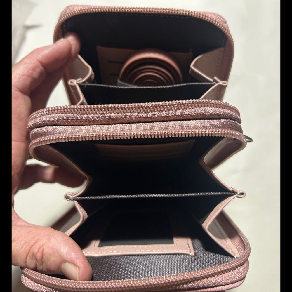 Cotton Road Sling Wallet: PINK PU Leather Cellphone Sling Wallet with EMBOSSED leaf pattern OPEN