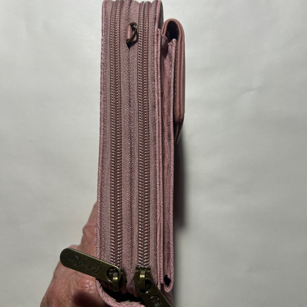Cotton Road Sling Wallet: PINK PU Leather Cellphone Sling Wallet with EMBOSSED leaf pattern SIDE VIEW