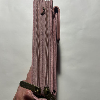 Cotton Road Sling Wallet: PINK PU Leather Cellphone Sling Wallet with EMBOSSED leaf pattern SIDE VIEW