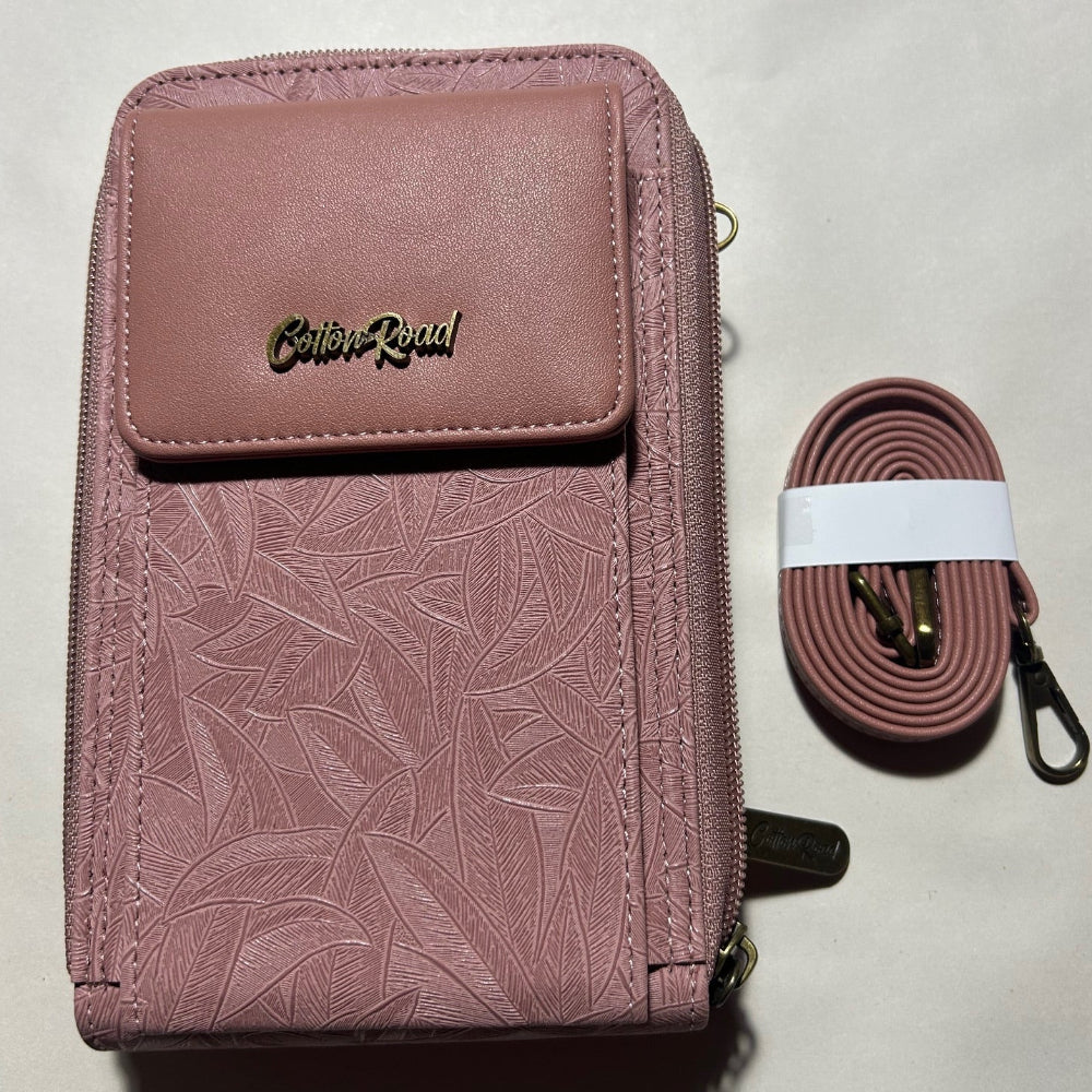 Cotton Road Sling Wallet: PINK PU Leather Cellphone Sling Wallet with EMBOSSED leaf pattern SLING