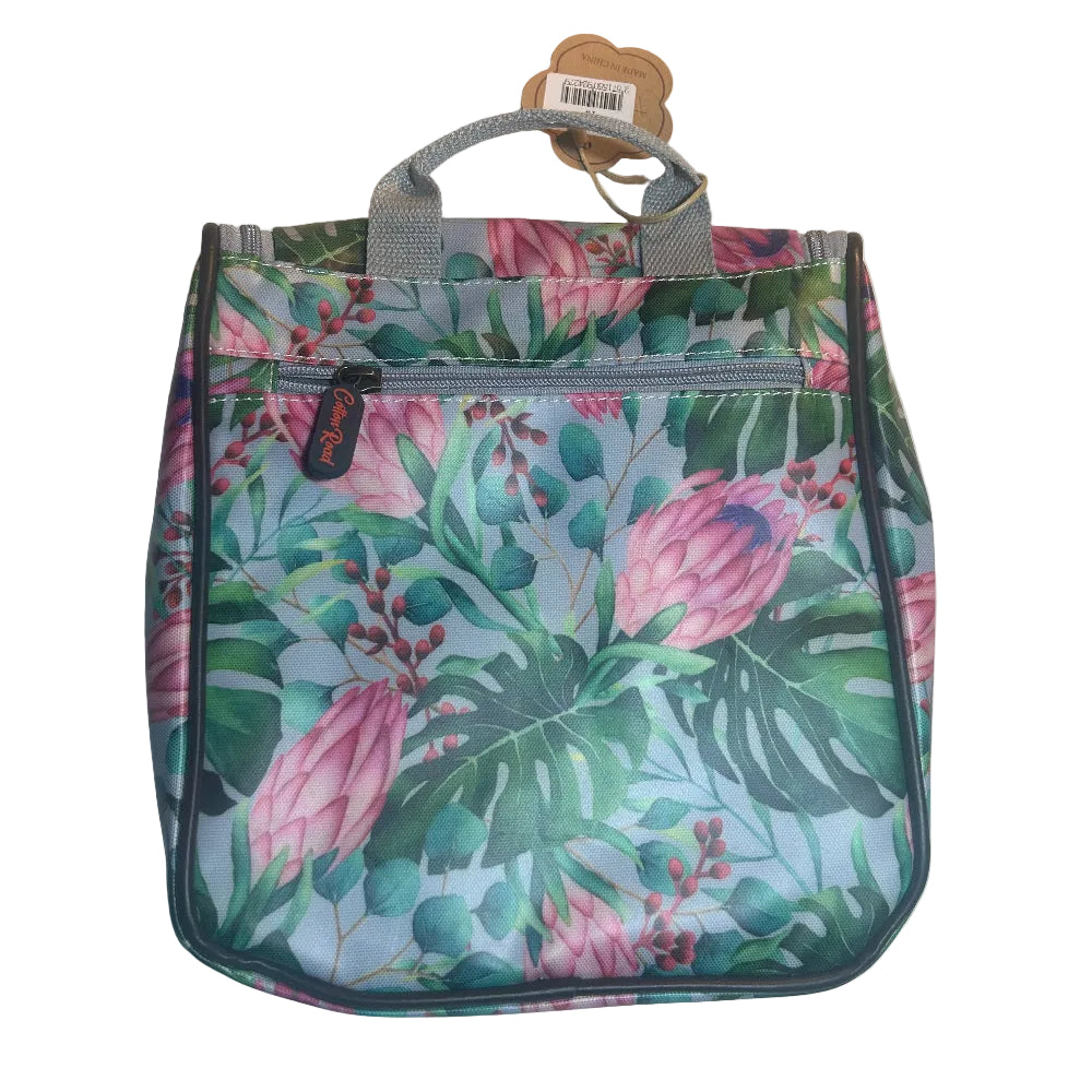 Cotton Road Toiletry Bag: BLUE COLOURFULL PROTEA PVC Hanging Vanity Bag BACK view