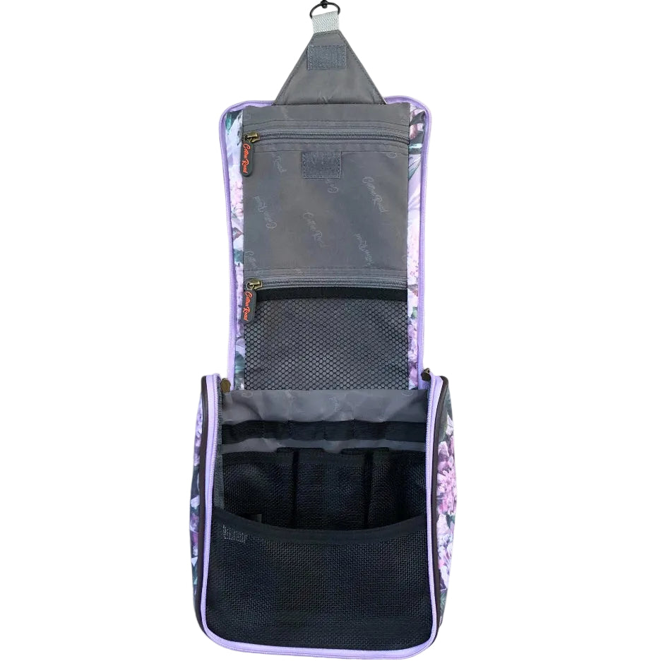 Cotton Road Toiletry Bag: BLUE COLOURFULL PROTEA PVC Hanging Vanity Bag open compartment view