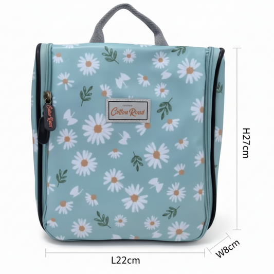 Cotton Road Toiletry Bag: BLUE PVC Hanging Vanity Bag with DAISIES