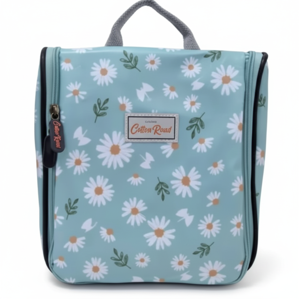 Cotton Road Toiletry Bag: BLUE PVC Hanging Vanity Bag with DAISIES