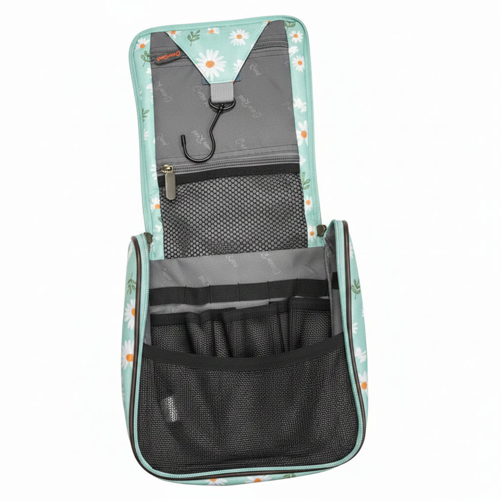 Cotton Road Toiletry Bag: BLUE PVC Hanging Vanity Bag with DAISIES