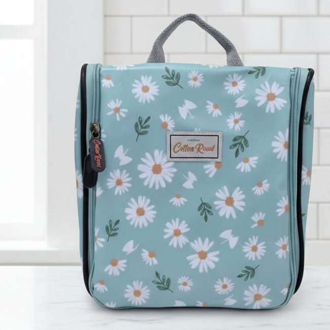 Cotton Road Toiletry Bag: BLUE PVC Hanging Vanity Bag with DAISIES
