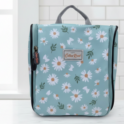 Cotton Road Toiletry Bag: BLUE PVC Hanging Vanity Bag with DAISIES