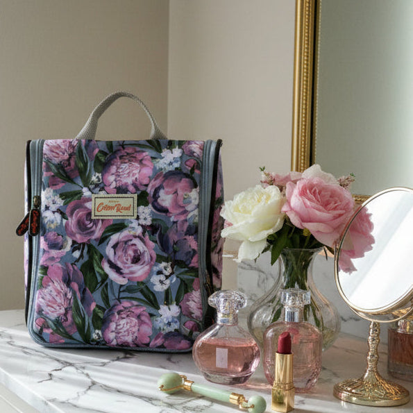 Cotton Road Toiletry Bag: BLUE PVC Hanging Vanity Bag with PURPLE PINK FLOWERS LIFESTYE