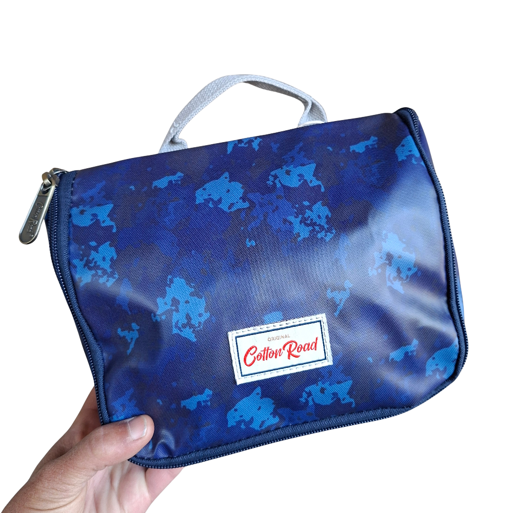 Cotton Road Toiletry Bag: BLUE PVC Kids Hanging Vanity Bag With Camo Print FRONT
