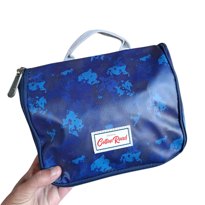 Cotton Road Toiletry Bag: BLUE PVC Kids Hanging Vanity Bag With Camo Print FRONT