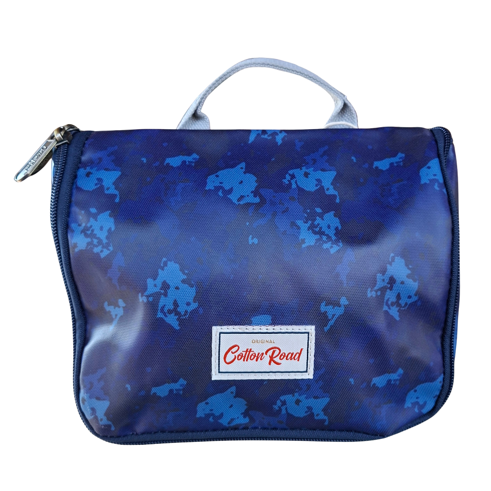 Cotton Road Toiletry Bag: BLUE PVC Kids Hanging Vanity Bag With Camo Print FRONT VIEW CLOSED