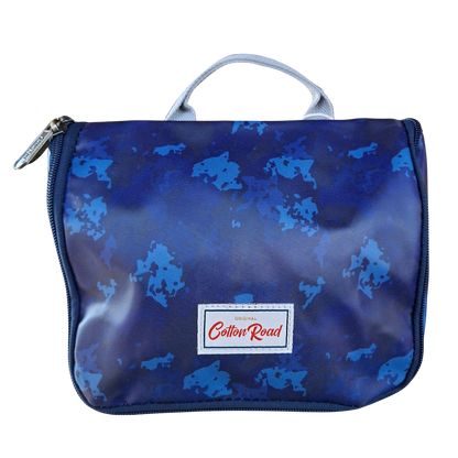 Cotton Road Toiletry Bag: BLUE PVC Kids Hanging Vanity Bag With Camo Print FRONT VIEW CLOSED