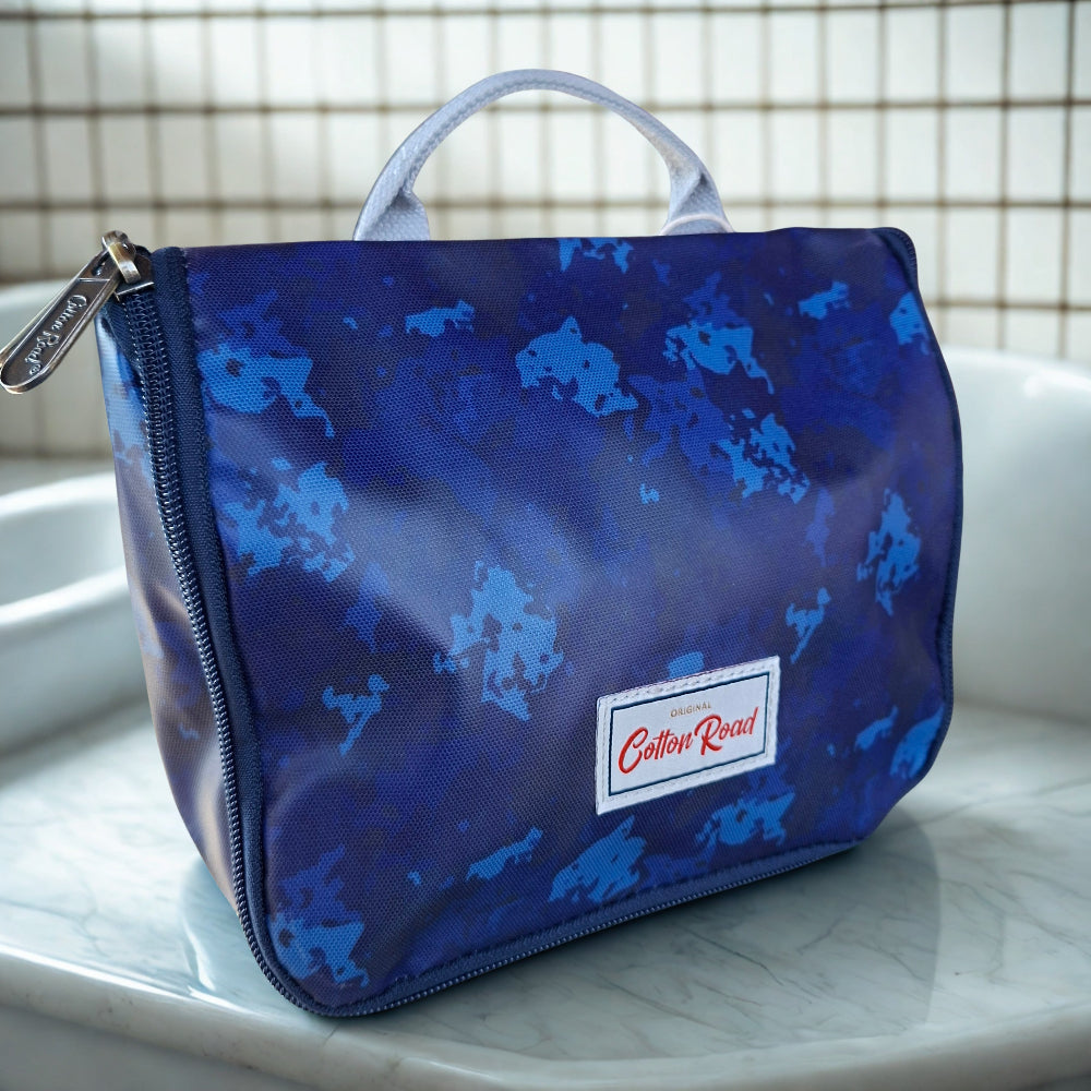 Cotton Road Toiletry Bag: BLUE PVC Kids Hanging Vanity Bag With Camo Print HERO