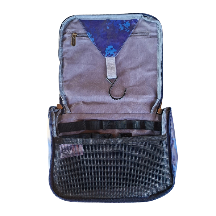 Cotton Road Toiletry Bag: BLUE PVC Kids Hanging Vanity Bag With Camo Print OPEN