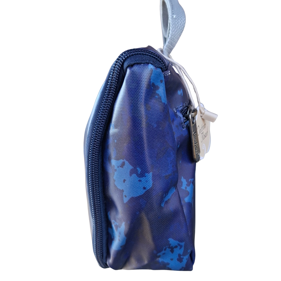 Cotton Road Toiletry Bag: BLUE PVC Kids Hanging Vanity Bag With Camo Print SIDE VIEW CLOSED