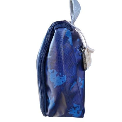 Cotton Road Toiletry Bag: BLUE PVC Kids Hanging Vanity Bag With Camo Print SIDE VIEW CLOSED