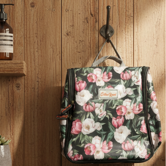 Cotton Road Toiletry Bag: DARK GREEN FLORAL PVC Hanging Vanity Bag