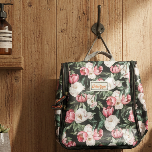 Cotton Road Toiletry Bag: DARK GREEN FLORAL PVC Hanging Vanity Bag