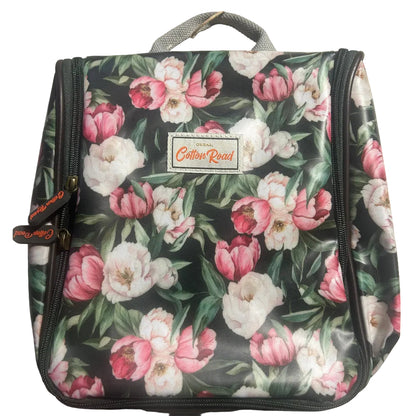 Cotton Road Toiletry Bag: DARK GREEN FLORAL PVC Hanging Vanity Bag FRONT