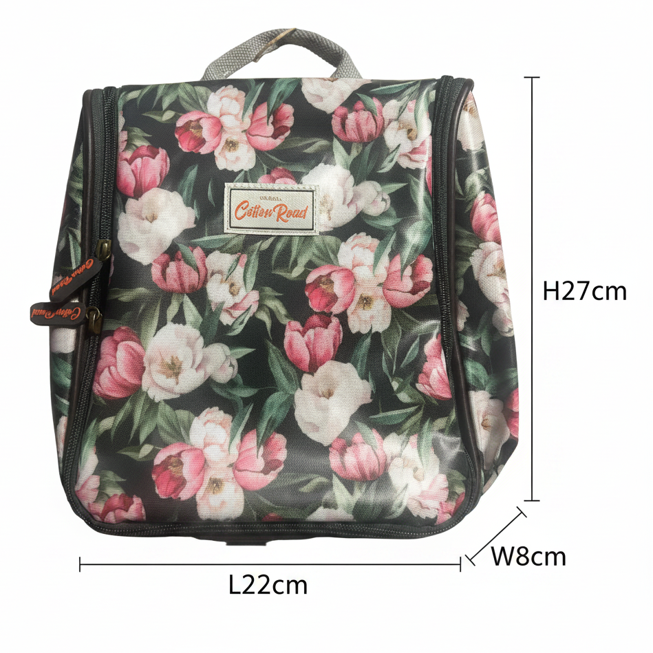 Cotton Road Toiletry Bag: DARK GREEN FLORAL PVC Hanging Vanity Bag SIZE