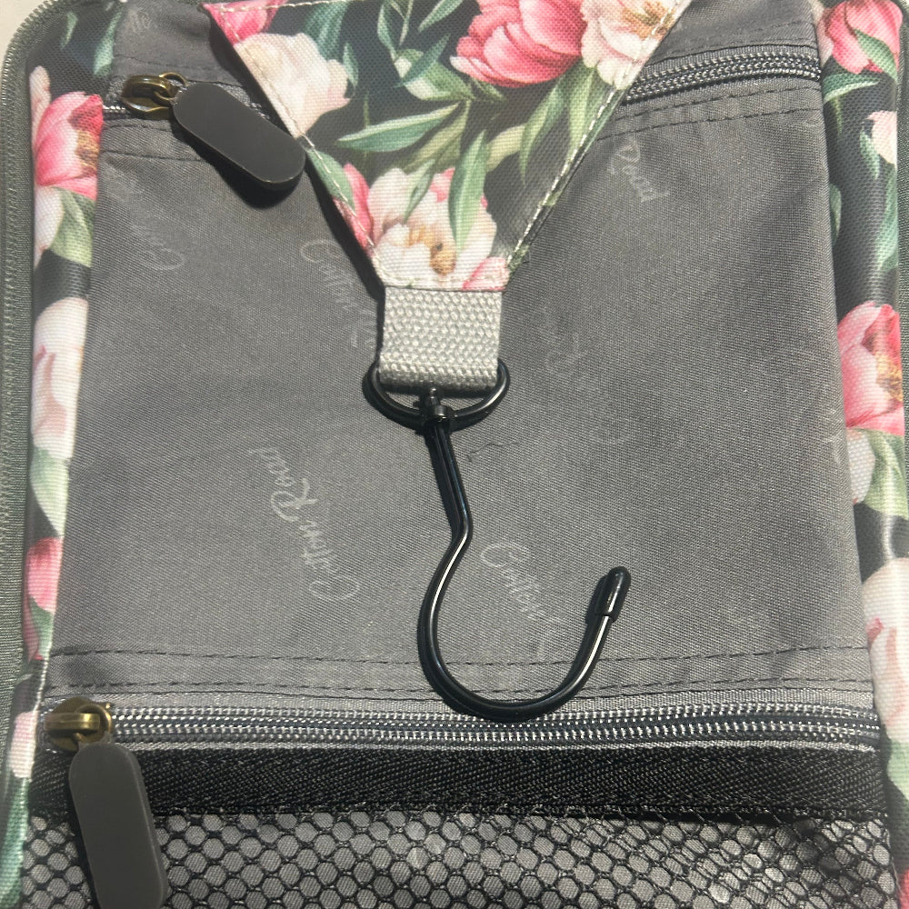Cotton Road Toiletry Bag: DARK GREEN FLORAL PVC Hanging Vanity Bag HANGING HOOK