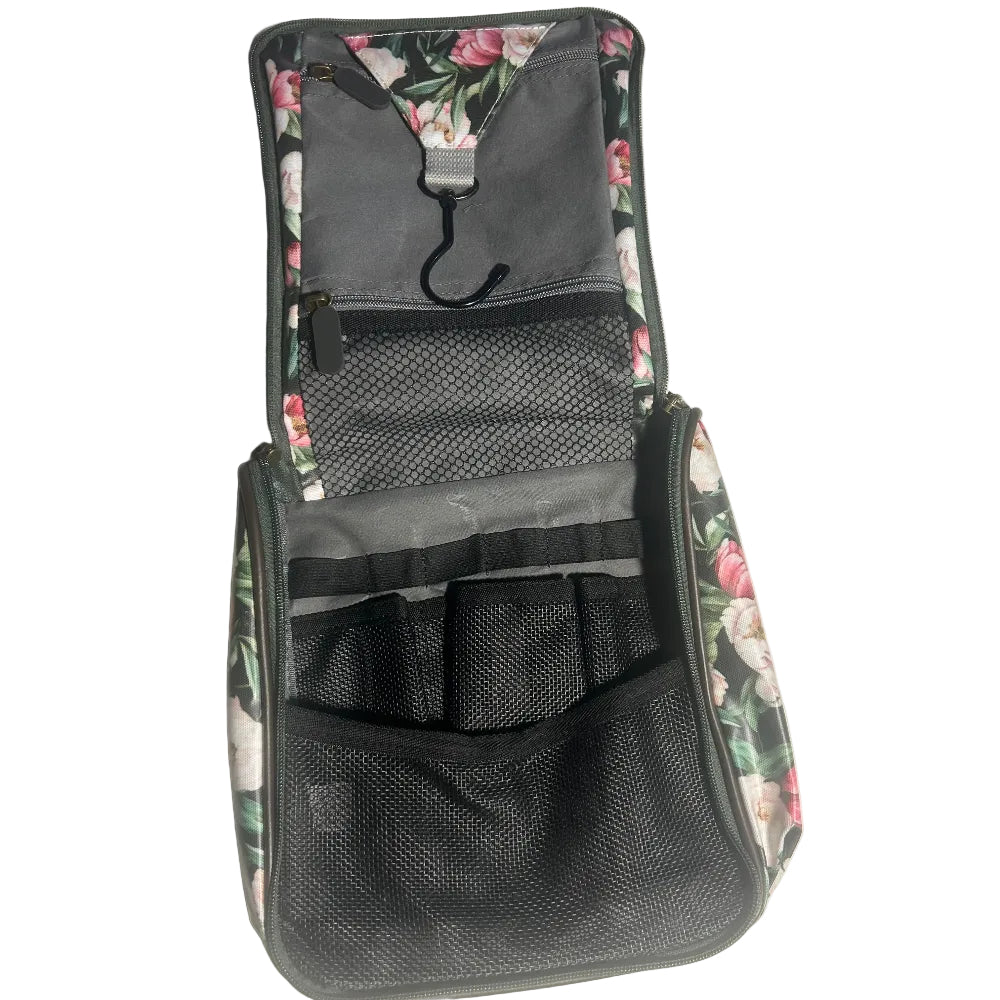 Cotton Road Toiletry Bag: DARK GREEN FLORAL PVC Hanging Vanity Bag OPEN