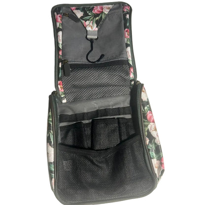 Cotton Road Toiletry Bag: DARK GREEN FLORAL PVC Hanging Vanity Bag OPEN