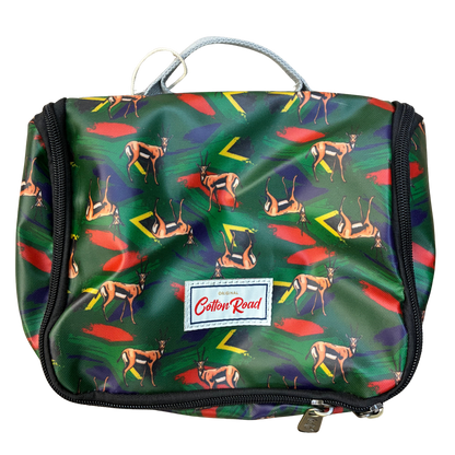 Cotton Road Toiletry Bag: DARK GREEN SPRINGBOK KIDS PVC Hanging Vanity Bag CLOSED